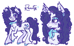 Size: 685x426 | Tagged: safe, artist:junniepiepoopop, derpibooru import, rarity, pony, unicorn, g4, alternate design, alternate eye color, beauty mark, blue eyeshadow, blue hooves, bust, chest fluff, colored eyebrows, colored hooves, curly hair, curly mane, curly tail, cutie mark accessory, cutie mark earrings, ear fluff, ear piercing, earring, ears, eyebrows, eyebrows visible through hair, eyelashes, eyeshadow, female, fetlock tuft, hair over one eye, hooves, horn, jewelry, lipstick, long mane, long tail, makeup, mare, neckerchief, nose blush, open mouth, open smile, piercing, purple eyes, purple lipstick, purple mane, purple tail, purple text, raised hoof, raised leg, shiny hooves, simple background, smiling, solo, standing on three hooves, tail, thin legs, unicorn horn, white background, white coat