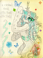 Size: 1917x2610 | Tagged: safe, artist:larvaecandy, derpibooru import, queen chrysalis, butterfly, changeling, changeling queen, g4, abstract background, bangs, big eyes, black dresses, changeling horn, changeling wings, colored eyebrows, colored sclera, eye clipping through hair, eyeshadow, female, graph paper, gray body, green eyes, green eyeshadow, green sclera, horn, insect wings, lidded eyes, long eyelashes, long horn, long legs, long mane, makeup, mixed media, multiple pupils, no mouth, profile, raised hooves, shiny mane, slit eyes, small wings, solo, song reference, spread wings, sticker, teal mane, text, thin, traditional art, wingding eyes, wings