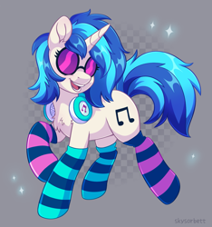 Size: 2035x2173 | Tagged: safe, artist:skysorbett, derpibooru import, dj pon-3, vinyl scratch, pony, unicorn, g4, clothes, female, fluffy, glasses, gray background, grid, head turn, headphones, high res, horn, mare, open mouth, open smile, raised hoof, raised leg, signature, simple background, smiling, socks, solo, sparkles, striped socks, teeth, trotting, vinyl's glasses