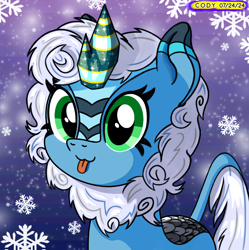 Size: 1980x1986 | Tagged: safe, artist:codenamekid, derpibooru import, oc, oc only, oc:solstice the snow kirin, kirin, :3, :p, cute, digital art, glitter, highlights, horn, kirin oc, kirinbetes, looking at you, scales, shading, snow, snowfall, snowflake, solo, striped horn, tongue, tongue out