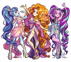 Size: 2048x1786 | Tagged: safe, artist:libbly_libby, derpibooru import, adagio dazzle, aria blaze, sonata dusk, human, equestria girls, g4, clothes, commission, female, greek clothes, greek goddess, open mouth, open smile, raised arm, sidemouth, simple background, smiling, the dazzlings, trio, trio female, white background