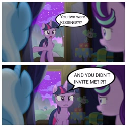 Size: 4096x4096 | Tagged: safe, artist:trrrebleee, derpibooru import, edit, edited screencap, screencap, starlight glimmer, trixie, twilight sparkle, twilight sparkle (alicorn), alicorn, g4, no second prances, chat, comic, female, kissing, lesbian, meme, screencap comic