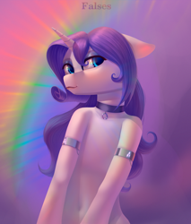 Size: 1700x2000 | Tagged: safe, artist:falses, derpibooru import, rarity, pony, unicorn, accessory, blushing, choker, crossed hooves, fog, horn, rainbow, shackles, solo