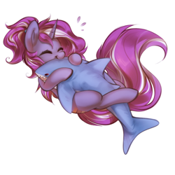 Size: 2500x2500 | Tagged: safe, artist:mirroredsea, derpibooru import, oc, oc only, oc:mercurial, pony, shark, unicorn, blåhaj, commission, cute, female, horn, hug, mare, plushie, shark plushie, smiling, solo, ych result