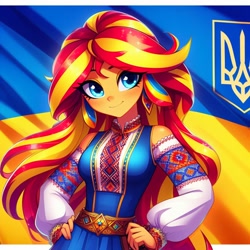 Size: 1024x1024 | Tagged: safe, ai content, derpibooru import, machine learning generated, sunset shimmer, equestria girls, g4, flag, prompter:balabinobim, solo, ukraine