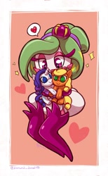 Size: 1211x1968 | Tagged: safe, artist:whitediamonds, derpibooru import, applejack, rarity, earth pony, pony, unicorn, female, heart, horn, lesbian, mare, passepartout, plushie, pokémon, rarijack, shipping, signature, starry eyes, tsareena, wingding eyes