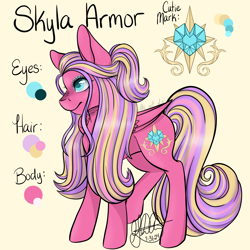 Size: 4096x4096 | Tagged: safe, artist:g-jnotes, derpibooru import, princess skyla, pegasus, pony, absurd resolution, alternate name, female, mare, name, older skyla, race swap, reference sheet, signature, simple background, solo, yellow background