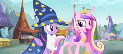 Size: 2425x1080 | Tagged: safe, derpibooru import, edit, edited screencap, screencap, allie way, ponet, princess cadance, twilight sparkle, twilight sparkle (alicorn), alicorn, pony, unicorn, g4, three's a crowd, cloak, clothes, composite screencap, costume, cute, fake beard, folded wings, hat, horn, open mouth, sisters-in-law, smiling, star swirl the bearded costume, wings, wizard hat