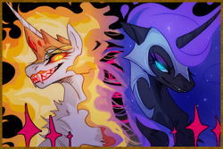 Size: 2480x1654 | Tagged: safe, artist:qswomozi, derpibooru import, daybreaker, nightmare moon, alicorn, pony, g4, black background, bust, crown, digital art, duo, duo female, ethereal mane, evil sisters, evil smile, eyelashes, eyeshadow, fangs, female, flowing mane, flowing tail, glowing, glowing eyes, helmet, high res, horn, jewelry, lidded eyes, looking at you, makeup, mane of fire, mare, passepartout, portrait, regalia, siblings, simple background, sisters, smiling, smiling at you, sparkles, starry mane, stars, sternocleidomastoid, tail