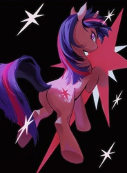 Size: 3518x4768 | Tagged: safe, artist:qianjibahe, derpibooru import, twilight sparkle, unicorn twilight, pony, unicorn, aside glance, black background, butt, female, horn, looking at you, looking back, looking back at you, mare, plot, simple background, solo