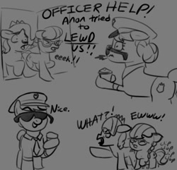 Size: 560x540 | Tagged: artist needed, source needed, safe, derpibooru import, copper top, diamond tiara, silver spoon, earth pony, pony, badge, clothes, coffee, gray background, hat, implied anon, implied foalcon, implied oc, necktie, nice, officer, police, police officer, simple background, sketch, south park, trio