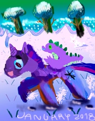 Size: 1200x1529 | Tagged: safe, artist:cutebrows, derpibooru import, spike, twilight sparkle, unicorn twilight, dragon, pony, rabbit, unicorn, g4, animal, dragons riding ponies, duo, duo male and female, female, male, mare, riding, riding a pony, snow, spike riding twilight, wingless spike