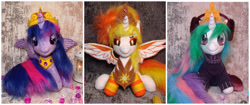 Size: 2560x1080 | Tagged: safe, artist:1stastrastudio, derpibooru import, daybreaker, princess celestia, twilight sparkle, twilight sparkle (alicorn), alicorn, pony, clothes, female, irl, lantern, photo, plushie, socks, striped socks, trio, trio female