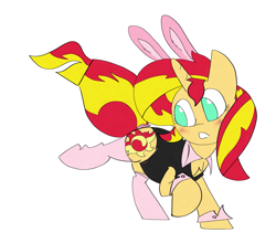 Size: 3505x3090 | Tagged: safe, artist:ponny, derpibooru import, sunset shimmer, pony, unicorn, blushing, bunny ears, bunny girl, bunny suit, clothes, colored, female, horn, mare, scrunchie, simple background, socks, solo, white background