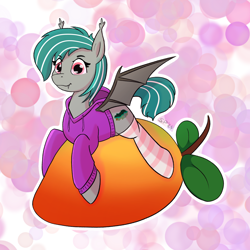 Size: 2050x2050 | Tagged: safe, artist:single purpose, derpibooru import, oc, oc only, oc:malachite cluster, bat pony, bat pony oc, clothes, fangs, food, hoodie, looking at you, male, mango, socks, solo, striped socks