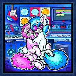 Size: 4644x4638 | Tagged: safe, artist:facadeart, derpibooru import, dj pon-3, vinyl scratch, oc, oc:vinyl record, pony, unicorn, duo, horn