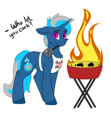 Size: 4500x5000 | Tagged: safe, artist:decemberbreeze, derpibooru import, oc, oc only, oc:silver comet, pony, unicorn, apron, clothes, commission, ear fluff, ears, fire, grill, horn, looking at you, mouth hold, simple background, solo, spatula, sweat, transparent background, unicorn oc, ych result