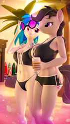 Size: 2880x5120 | Tagged: safe, artist:silkworm205, derpibooru import, dj pon-3, octavia melody, vinyl scratch, anthro, earth pony, unicorn, series:silkworm205's weekly artwork 2024, g4, 3d, absurd resolution, adidas, alternate hairstyle, beach, big breasts, breast size difference, breasts, butt, clothes, coffee cup, cup, duo, duo female, ears, female, floppy ears, fluffy mane, fluffy tail, hairband, hand on hip, horn, i'm not calling you good boy, lesbian, looking at someone, magic, medium support, meme, midriff, multicolored hair, orbtavia, palm tree, panties, reasonably sized breasts, revamped anthros, scratchtavia, selfie, shipping, shorts, size difference, source filmmaker, speech bubble, sports bra, sports shorts, summer, sun, sunglasses, tail, telekinesis, tree, underwear