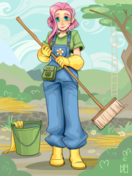 Size: 1200x1600 | Tagged: safe, artist:kavli-kaffel, derpibooru import, fluttershy, human, g4, broom, bucket, clothes, gloves, grass, humanized, jumpsuit, rubber boots, rubber gloves, solo