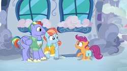 Size: 1280x720 | Tagged: safe, derpibooru import, edit, edited screencap, screencap, bow hothoof, scootaloo, windy whistles, pegasus, pony, g4, parental glideance, bag, blouse, bowabetes, cardigan, clothes, cute, cutealoo, female, filly, foal, freckles, jacket, looking at each other, looking at someone, male, mare, saddle bag, scrapbook, smiling, smiling at each other, spread wings, stallion, trio, windybetes, wings