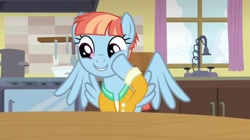 Size: 1278x718 | Tagged: safe, derpibooru import, edit, edited screencap, screencap, windy whistles, pegasus, pony, g4, parental glideance, cheek squish, clothes, cute, female, grin, hoof on cheek, jacket, kitchen, mare, smiling, solo, spread wings, squishy cheeks, windybetes, wings