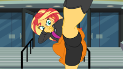 Size: 3377x1900 | Tagged: safe, artist:gmaplay, derpibooru import, sunset shimmer, human, equestria girls, g4, boxer briefs, clothes, high kick, kicking, skirt, skirt lift, solo, underwear, upskirt