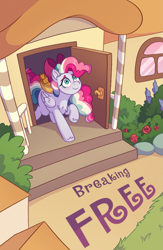 Size: 1405x2160 | Tagged: safe, artist:skysorbett, derpibooru import, oc, oc only, oc:sky sorbet, pegasus, pony, comic:breaking free, bush, comic, comic cover, cover, cover art, female, flower, house, looking up, solo