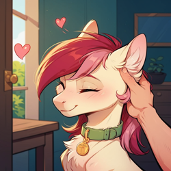 Size: 1024x1024 | Tagged: safe, ai content, derpibooru import, generator:pony diffusion v6 xl, generator:stable diffusion, machine learning generated, roseluck, earth pony, human, pony, g4, behaving like a cat, blush lines, blushing, chest fluff, closed mouth, collar, cute, cuteluck, ear fluff, ear scratch, ears, eyes closed, female, floating heart, fluffy, heart, human on pony petting, indoors, mare, offscreen character, offscreen human, pet collar, pet tag, petting, pony pet, prompter:doom9454, rosepet, smiling