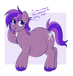 Size: 682x704 | Tagged: safe, artist:lulubell, derpibooru import, oc, oc only, earth pony, pony, belly, big belly, dialogue, embarrassed, fat, female, mare, passepartout, solo, speech bubble, unnamed oc