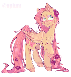 Size: 1200x1300 | Tagged: safe, artist:ldaller, derpibooru import, fluttershy, pegasus, pony, g4, 2022, blush lines, blushing, chest fluff, colored ear fluff, colored eyebrows, colored eyelashes, colored hooves, ear fluff, ears, female, flower, flower in hair, flower in tail, folded wings, hock fluff, hooves, leg fluff, lidded eyes, long mane, long tail, looking up, mare, pink eyelashes, pink hooves, raised hoof, raised leg, shiny hooves, shiny mane, shiny tail, shoulder fluff, signature, simple background, smiling, solo, standing, standing on three hooves, tail, unshorn fetlocks, white background, white pupils, wing fluff, wings