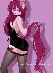 Size: 1198x1642 | Tagged: safe, artist:bluenyx, derpibooru import, oc, oc only, oc:burgundy chalice, anthro, black dress, clothes, dress, eyeshadow, female, looking back, makeup, prehensile tail, solo, stockings, tail, tail hold, thigh highs