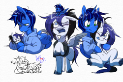 Size: 1080x720 | Tagged: safe, artist:sugarpersonlove, derpibooru import, oc, oc only, oc:lite might, oc:sugar flash, alicorn, original species, pegasus, pony, blue coat, blushing, clothes, crying, duo, duo male and female, fangs, female, filter, hoodie, horn, hug, looking at each other, looking at someone, lying down, male, mare, multiple variants, one eye closed, open mouth, paper, plush pony, plushie, shirt, simple background, sleeping, smiley face, smiling, smiling at each other, spread wings, stallion, standing, t-shirt, tongue, tongue out, toy, white background, white coat, wings, wink