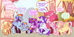 Size: 2153x1080 | Tagged: safe, derpibooru import, applejack, fluttershy, pinkie pie, rainbow dash, rarity, twilight sparkle, unicorn twilight, earth pony, original species, pegasus, pony, unicorn, g4, alternate design, bandana, bipedal, coat markings, comic interpretation, dialogue, element of magic, eyes closed, female, filly, filly applejack, filly fluttershy, filly mane six, filly pinkie pie, filly rainbow dash, filly rarity, filly twilight sparkle, foal, glasses, holding a pony, horn, hug, mane six, mare, ponymorph, scene interpretation, self paradox, self ponidox, socks (coat marking), speech bubble, time paradox, unshorn fetlocks, winghug, wings, younger