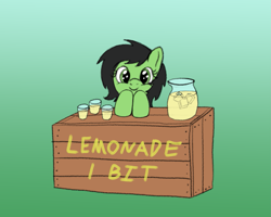 Size: 1333x1066 | Tagged: safe, artist:craftycirclepony, derpibooru import, oc, oc only, oc:anon filly, earth pony, cute, female, filly, foal, glass, gradient background, happy, juice, lemonade, lemonade stand, looking at you, pitcher, smiling, solo