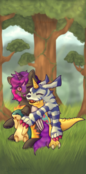 Size: 840x1700 | Tagged: safe, artist:_tinyberri, derpibooru import, oc, oc:ella starshade, hybrid, commission, cuddling, digimon, facial markings, fangs, forest background, gabumon, happy, one eye closed, pokémon, quilava, smiling, tongue, tongue out, tree, wink