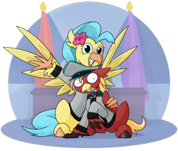 Size: 2070x1753 | Tagged: safe, artist:moonatik, derpibooru import, princess skystar, oc, oc:posada, classical hippogriff, hippogriff, equestria at war mod, abstract background, clothes, desk, female, flag, flower, flower in hair, hat, hippogriff oc, hug, peaked cap, sitting, size difference, wings