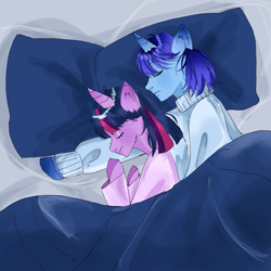 Size: 3600x3600 | Tagged: artist needed, source needed, safe, derpibooru import, twilight sparkle, twilight sparkle (alicorn), oc, oc:blue thunder, alicorn, pony, semi-anthro, ambiguous facial structure, bed, canon x oc, clothes, cuddling, duo, female, happy, in bed, male, shipping, snuggling, straight, thundersparkle