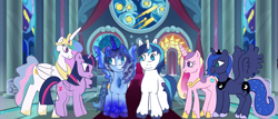 Size: 3817x1633 | Tagged: artist needed, source needed, safe, derpibooru import, princess cadance, princess celestia, princess luna, shining armor, twilight sparkle, twilight sparkle (alicorn), oc, oc:blue thunder, alicorn, royal family, royalty, throne room