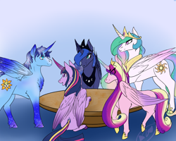 Size: 2500x2000 | Tagged: artist needed, source needed, safe, derpibooru import, princess cadance, princess celestia, princess luna, twilight sparkle, twilight sparkle (alicorn), oc, oc:blue thunder, alicorn, meeting