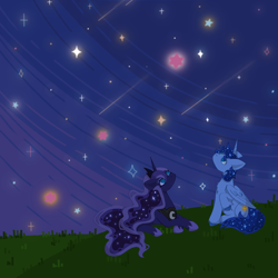 Size: 2480x2480 | Tagged: artist needed, source needed, safe, derpibooru import, princess luna, oc, oc:blue thunder, alicorn, galaxy, grass, grass field, sky, stargazing, stars