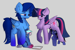 Size: 6000x4000 | Tagged: artist needed, source needed, safe, derpibooru import, twilight sparkle, twilight sparkle (alicorn), oc, oc:arilight, oc:blue thunder, oc:thunderbolt, alicorn, pony, baby, baby pony, canon x oc, family, female, foal, gray background, male, offspring, parent:oc:blue thunder, parent:twilight sparkle, parents:canon x oc, shipping, simple background, straight, thundersparkle