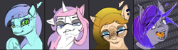 Size: 7680x2172 | Tagged: safe, artist:zlatdesign, derpibooru import, oc, bat pony, pegasus, unicorn, bust, eeee, funny, horn, multiple heads, portrait, screaming