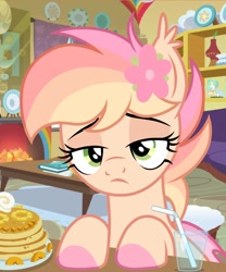 Size: 1220x1468 | Tagged: safe, artist:cstrawberrymilk, derpibooru import, oc, oc:peach sunrise, bat pony, pony, bored, cute, female, flower, flower in hair, food, hooves on the table, mare, pancakes, solo, straw