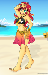 Size: 1600x2500 | Tagged: safe, artist:dibujoschidosdelabad, derpibooru import, part of a set, sunset shimmer, human, equestria girls, g4, bare shoulders, barefoot, beach, bikini, bikini top, bracelet, breasts, clothes, cloud, commission, commissioner:bkleppe, cutie mark on equestria girl, cutie mark on human, danger, feet, geode of empathy, jewelry, magical geodes, ocean, painted nails, quicksand, sand, sarong, shadow, sign, signature, sky, smiling, story included, sunset jiggler, swimsuit, text, water, wide hips