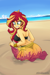 Size: 1600x2400 | Tagged: safe, artist:dibujoschidosdelabad, derpibooru import, part of a set, sunset shimmer, equestria girls, g4, bare shoulders, beach, bikini, bikini top, bracelet, breasts, clothes, cloud, commission, commissioner:bkleppe, cutie mark on equestria girl, cutie mark on human, geode of empathy, gritted teeth, jewelry, magical geodes, ocean, painted nails, peril, quicksand, rear view, sand, sarong, signature, sinking, skirt, skirt lift, sky, story included, struggling, stuck, sunset jiggler, swimsuit, teeth, text, water