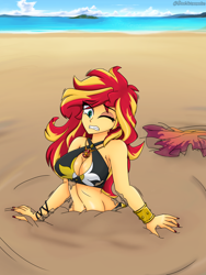 Size: 1900x2533 | Tagged: safe, artist:dibujoschidosdelabad, derpibooru import, part of a set, sunset shimmer, equestria girls, g4, bare shoulders, beach, bikini, bikini top, bracelet, breasts, clothes, cloud, commission, commissioner:bkleppe, crying, discarded clothing, geode of empathy, gritted teeth, jewelry, magical geodes, ocean, one eye closed, painted nails, peril, quicksand, sand, sarong, signature, sinking, sky, story included, struggling, stuck, sunset jiggler, swimsuit, teeth, text, water