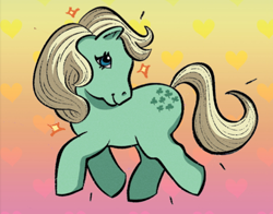 Size: 640x503 | Tagged: safe, derpibooru import, idw, minty (g1), earth pony, pony, g1, spoiler:comic, 40th anniversary, female, gradient background, heart, mare, sparkles