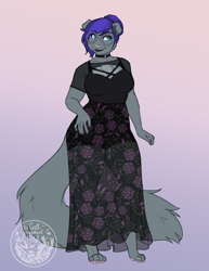 Size: 2550x3300 | Tagged: safe, alternate version, artist:askbubblelee, oc, oc only, oc:melissa pitterpaw, abyssinian, anthro, digitigrade anthro, abyssinian oc, anthro oc, breasts, choker, clothes, dress, ears, female, floppy ears, glasses, gradient background, hair bun, smiling, solo