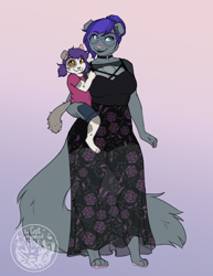 Size: 2550x3300 | Tagged: safe, alternate version, artist:askbubblelee, oc, oc only, oc:melissa pitterpaw, oc:penny pitterpaw, abyssinian, anthro, diamond dog, digitigrade anthro, hybrid, abyssinian oc, anthro oc, breasts, choker, clothes, diamond dog oc, dress, duo, ears, female, floppy ears, glasses, gradient background, hair bun, hybrid oc, mother and child, mother and daughter, parent and child, smiling