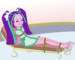 Size: 2500x2000 | Tagged: safe, artist:nie-martw-sie-o-mnie, derpibooru import, part of a set, aria blaze, human, equestria girls, g4, bathrobe, bondage, clothes, feather, feet, female, foot tickling, pigtails, robe, rope, rope bondage, solo, spa, tickling, tied down, twintails